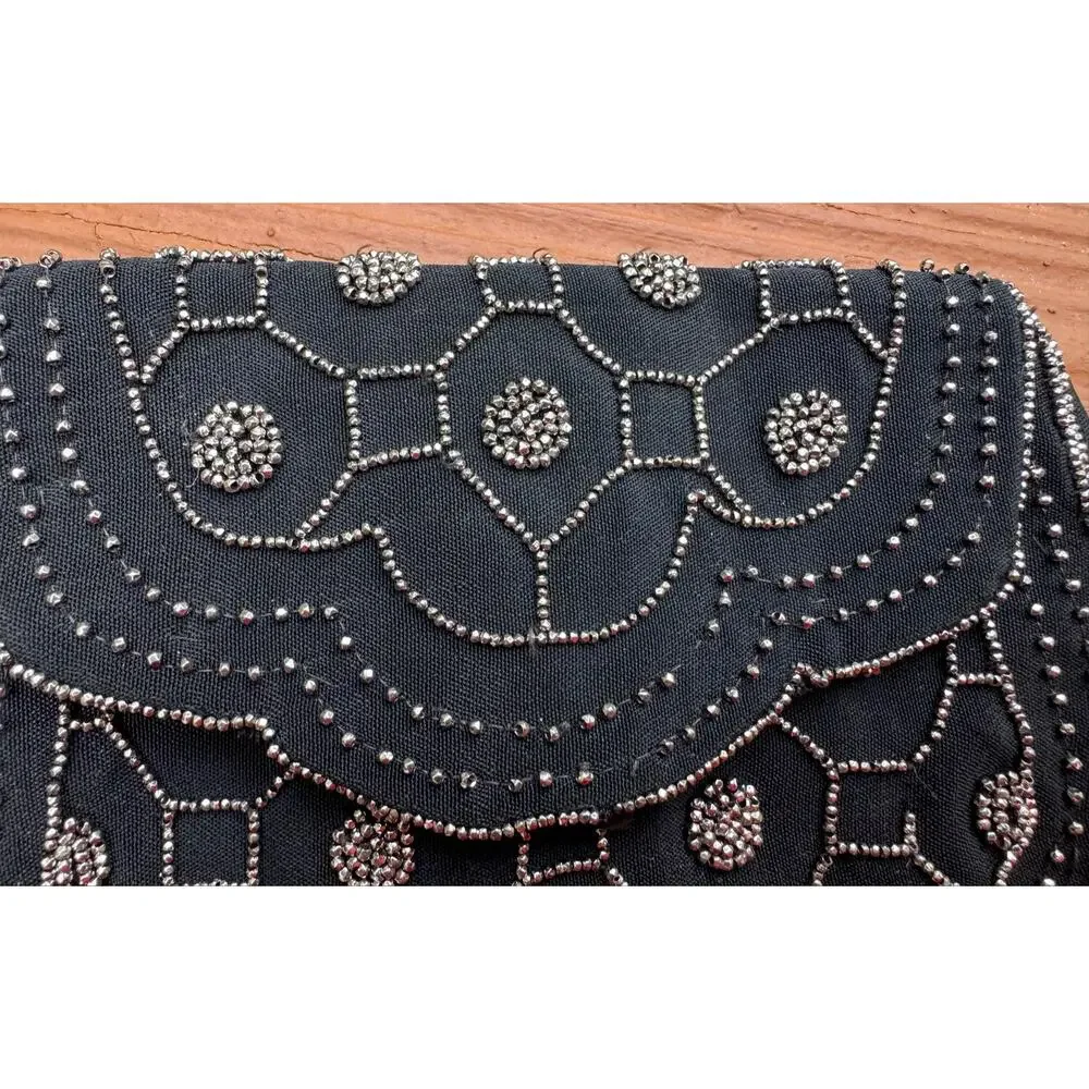 Vintage art deco beaded Black Silver flapper style clutch belt bag handmade 20s